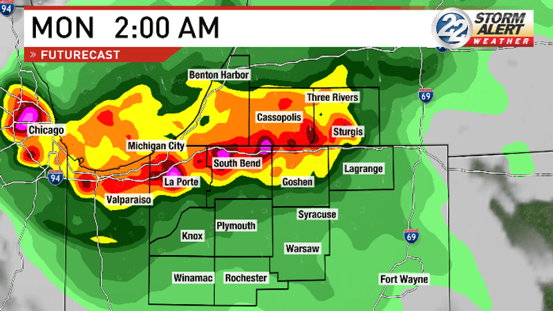 The first round of storms arrive late Sunday night into early Monday morning (WSBT 22)