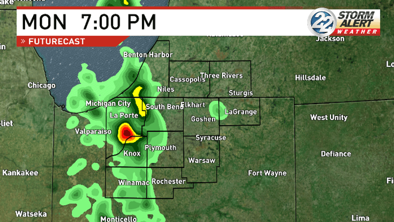 Another round of storms arrives Monday evening, which could use the heat and humidity of the day to be stronger than the first round (WSBT 22)